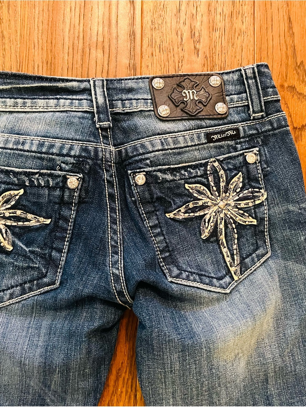 Miss Me Blue Embellished Boot Cut Jeans with Crystal Star Pockets